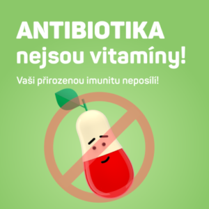 Přeškrtnutá tabletka ve tvaru hrušky s nadpisem ATB nejsou vitamíny imunitu neposílí